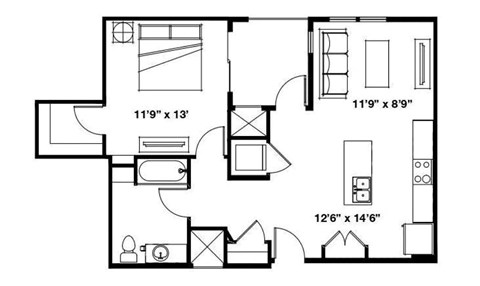 Floor plan for 1 bed, 1 bath, 696 sqft
